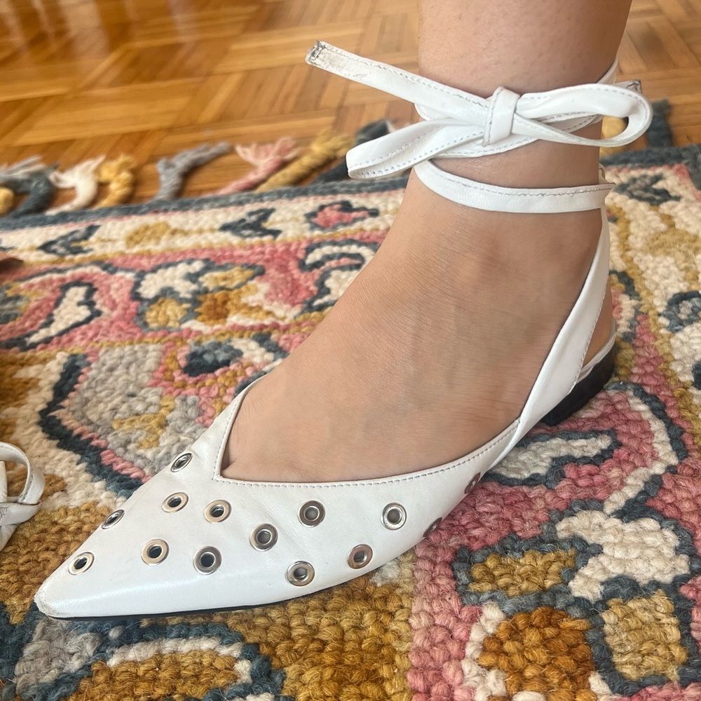 Sandro Paris White Ankle Strap Flats with metal eyelets